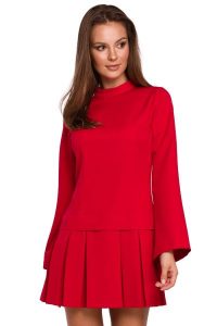 Elegancka sukienka mini z kontrafałdami czerwona. Czerwone sukienki Sukienki.shop, xxl, bez wzorów, eleganckie, bez kołnierzyka, bez ramiączek, mini, rozkloszowane. W wyprzedaży za 195,00 zł.