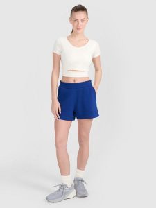 4F Spodenki dresowe damskie - granatowe S. Niebieskie szorty 4f, bez wzorów, z bawełny, sportowe. Za 59,99 zł.
