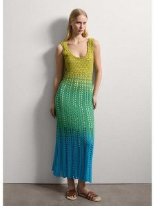 STEFANEL Sukienka w kolorze zielono-niebiesko-limonkowym rozmiar: L. Zielone sukienki Stefanel, na co dzień, l, bez wzorów, z bawełny, bez kołnierzyka, bez ramiączek, maxi, proste. Za 304,99 zł.