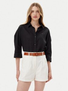 Tommy Hilfiger Koszula WW0WW46169 Czarny Loose Fit. Czarne koszule TOMMY HILFIGER, bez wzorów, ze lnu, bez kołnierzyka, bez ramiączek. Za 329,99 zł.