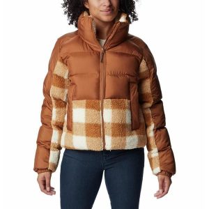 Kurtka Turystyczna Puchowa Damska Columbia Leadbetter Point Sherpa Hybrid. Brązowe kurtki Columbia, m, bez wzorów, z puchu, bez kaptura. Za 464,10 zł.