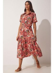 Happiness Istanbul Sukienka w kolorze czerwono-kremowym rozmiar: 36. Brązowe sukienki Happiness Istanbul, bez wzorów, z bawełny, bez kołnierzyka, bez ramiączek, midi, rozkloszowane. Za 95,92 zł.