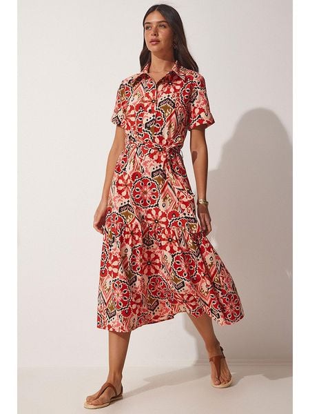 Happiness Istanbul Sukienka w kolorze czerwono-kremowym rozmiar: 36. Brązowe sukienki Happiness Istanbul, bez wzorów, z bawełny, bez kołnierzyka, bez ramiączek, midi, rozkloszowane. Za 91,56 zł.