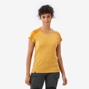 Koszulka damska trekkingowa z krótkim rękawem Merino Resist. Brązowe bluzki FORCLAZ, m, bez wzorów, z elastanu, sportowe, bez kołnierzyka, bez ramiączek. Za 149,99 zł.