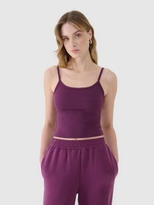4F Crop-top slim damski - fioletowy M. Fioletowe topy 4f, m, bez wzorów, z dzianiny, sportowe, bez kołnierzyka, bez ramiączek. W wyprzedaży za 19,99 zł.