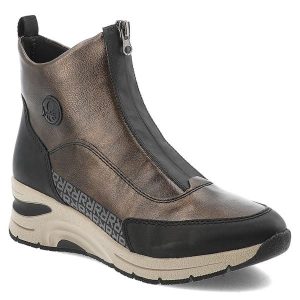 Brązowe Botki Rieker Stylowe Obuwie Damskie. Brązowe botki Rieker, bez wzorów, z materiału, bez obcasa, bez zapięcia. Za 322,99 zł.