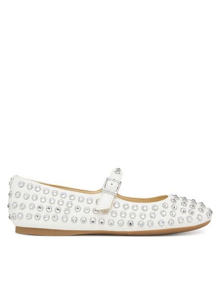 Guess Baleriny FLTKDL ELE02 Biały. Białe balerinki Guess, z aplikacjami, ze skóry, bez obcasa, bez zapięcia. Za 499,99 zł.