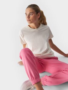 4F T-shirt regular gładki damski - beżowy XL. Brązowe t-shirty 4f, xl, bez wzorów, z bawełny, bez kołnierzyka, bez ramiączek. W wyprzedaży za 29,99 zł.