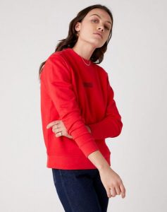 DAMSKA BLUZA WRANGLER HIGH RIB REGULAR LOLLIPOP RED W6P7HAXSK 112130831. Czerwone bluzy Wrangler, s, bez wzorów, bez kaptura. Za 129,99 zł.