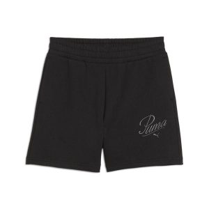 Damskie szorty z wysokim stanem ESS SCRIPT 5" PUMA Black. Czarne szorty Puma, bez wzorów, z podwyższonym stanem. Za 100,99 zł.