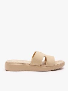 Piaskowe klapki H na grubszym spodzie. Brązowe klapki Ryłko, bez wzorów, ze skóry, bez obcasa, na płaskiej podeszwie. Za 249,99 zł.