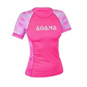 Koszulka damska z lycry z filtrem UV PINK LADY z krótkim rękawem. Czerwone kombinezony AGAMA, s, bez wzorów, z lycry, sportowe, bez kołnierzyka, bez ramiączek, krótkie. Za 212,01 zł.