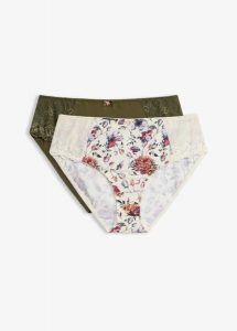 Figi maxi z nadrukiem w kwiaty (2 szt.). Białe figi bonprix, bez wzorów, z koronki. Za 77,99 zł.