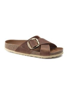 Birkenstock Skórzane klapki "Siena Big Buckle" w kolorze brązowym rozmiar: 36. Brązowe klapki Birkenstock, bez wzorów, z otwartym noskiem, bez obcasa. Za 439,24 zł.