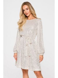 Made of emotion Sukienka w kolorze szampańskim rozmiar: M. Szare sukienki Made Of Emotion, m, bez wzorów, bez kołnierzyka, bez ramiączek, mini. Za 367,95 zł.