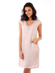 Lin Passion Lniana sukienka w kolorze beżowym rozmiar: 38/40. Brązowe sukienki Lin Passion, z aplikacjami, klasyczne, bez kołnierzyka, bez ramiączek, midi, rozkloszowane. Za 130,99 zł.