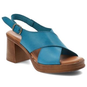 Sandały damskie Hee, cholewka ze skóry naturalnej zapinane na sprzączkę dobrze wyważony obcas, niebieskie, 26542. Niebieskie sandały Hee, bez wzorów, ze skóry, bez obcasa, na obcasie, bez zapięcia. Za 379,00 zł.