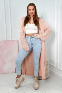 Sweter długi kardigan jasny pudrowy róż. Czerwone długie swetry KESI, l, z dzianiny, bez kołnierzyka, plus size. Za 190,70 zł.