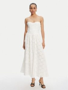 Bardot Sukienka koktajlowa Estie 59786DB2 Biały Regular Fit. Białe sukienki Bardot, bez wzorów, z bawełny, wizytowe, bez kołnierzyka, bez ramiączek. Za 609,99 zł.