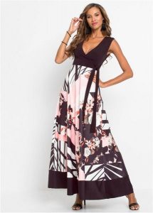 Długa sukienka z dekoltem w serek. Czarne sukienki bonprix, bez wzorów, eleganckie, bez kołnierzyka, bez ramiączek, maxi. Za 159,99 zł.