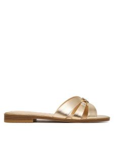 Guess Klapki FLJREA LEM19 Złoty. Żółte klapki Guess, z aplikacjami, ze skóry, bez obcasa. Za 499,99 zł.