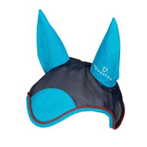 Czapka przeciw muchom dla konia z czerwoną ozdobą Equestro. Czerwone czapki EQUESTRO, z aplikacjami, z bawełny. Za 45,90 zł.