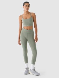 4F Legginsy treningowe z wysokim stanem damskie - oliwkowe/khaki XL. Brązowe legginsy 4f, bez wzorów, z dzianiny, z podwyższonym stanem. W wyprzedaży za 99,99 zł.
