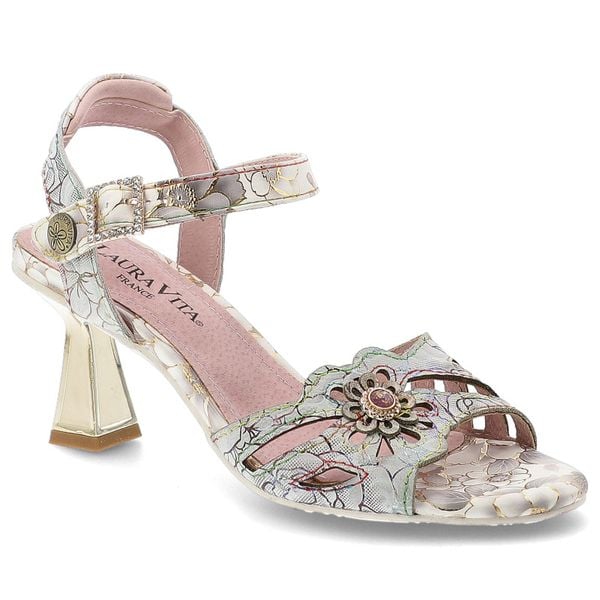Sandały damskie Laura Vita, ze skóry naturalnej z dekoracyjnym kwiatowym motywem i regulowanym paskiem, beżowe, 04 SL16710-4BS25. Brązowe sandały LAURA VITA, z aplikacjami, ze skóry, bez obcasa, na obcasie, bez zapięcia. Za 319,00 zł.