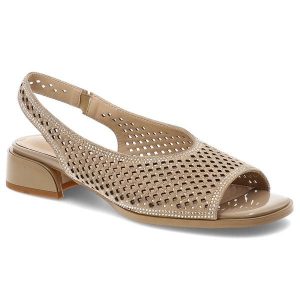 Sandały damskie S.Barski, skóra naturalna ażurowa cholewka fason slingback elastyczny pasek niski stabilny obcas delikatne zdobienia lekka konstrukcj. Brązowe sandały S.BARSKI, z aplikacjami, ze skóry, bez obcasa, na obcasie, bez zapięcia. Za 289,00 zł.