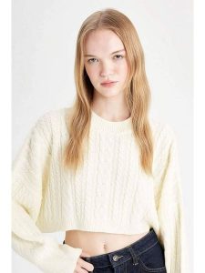 DeFacto Sweter w kolorze kremowym rozmiar: S. Brązowe swetry oversize DeFacto, s, bez wzorów, ze splotem, bez ramiączek. Za 86,99 zł.