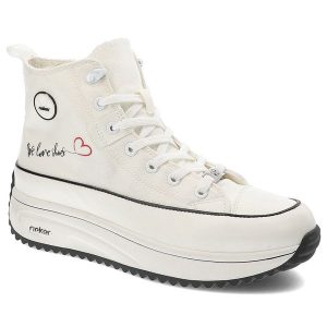Białe Sneakersy Rieker Sportowe Obuwie Damskie. Białe buty sportowe Rieker, na lato, bez wzorów, z materiału, bez zapięcia, trekkingowe. Za 299,00 zł.