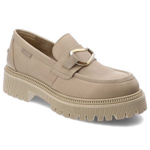 Beżowe Półbuty Nessi Eleganckie Buty Damskie. Brązowe półbuty Nessi, bez wzorów, z jeansu, bez obcasa, bez zapięcia. Za 399,99 zł.