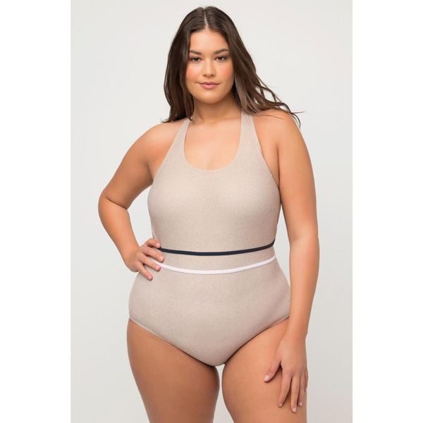 Damski Kostium kąpielowy imitacja juty usztywniane miseczki. Brązowe stroje jednoczęściowe Ulla Popken, bez wzorów, z elastanu. Za 294,99 zł.