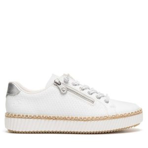 Półbuty Rieker. Białe półbuty Rieker, bez wzorów, bez obcasa, na płaskiej podeszwie, bez zapięcia. Za 289,99 zł.