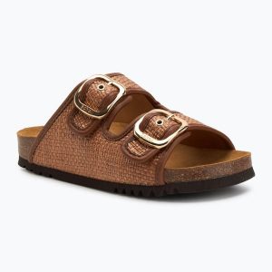 Klapki damskie Scholl Noelle Raffia. Brązowe klapki Scholl, bez wzorów, z materiału, bez obcasa. Za 269,99 zł.