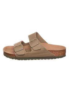 Birkenstock Klapki "Arizona" w kolorze khaki rozmiar: 37. Brązowe klapki Birkenstock, bez wzorów, z otwartym noskiem, bez obcasa. Za 252,34 zł.