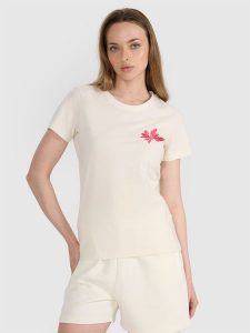 4F T-shirt regular z nadrukiem damski - biały XL. Białe t-shirty 4f, xl, z aplikacjami, z bawełny, bez kołnierzyka, bez ramiączek. W wyprzedaży za 39,99 zł.