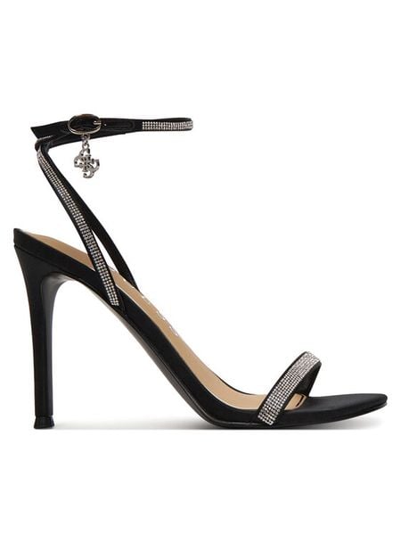 Guess Sandały FLJCHR SAT03 Czarny. Czarne sandały Guess, z aplikacjami, ze skóry, bez obcasa, na szpilce, bez zapięcia. Za 399,99 zł.