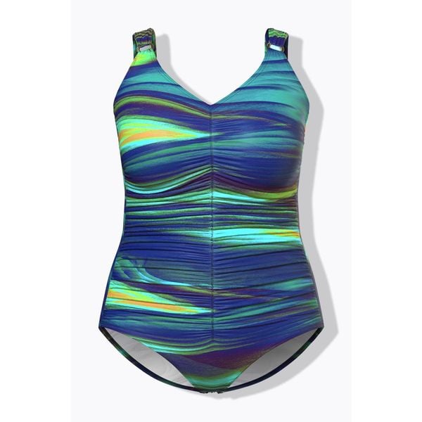 Damski Kostium kąpielowy marszczenie miękkie miseczki. Niebieskie stroje jednoczęściowe Ulla Popken, bez wzorów, z elastanu. Za 244,99 zł.