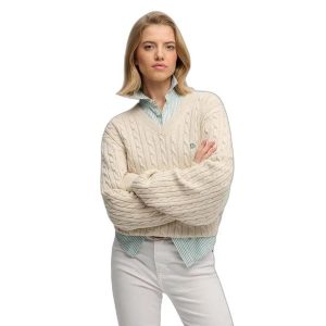 Damski oversize sweter z dekoltem w kształcie V Superdry. Brązowe swetry klasyczne Superdry, na zimę, bez kołnierzyka. Za 284,00 zł.