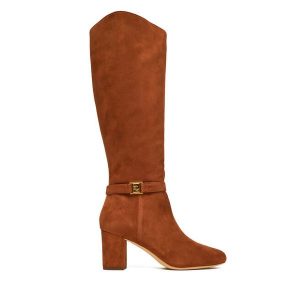 Kozaki LAUREN RALPH LAUREN. Brązowe kozaki Lauren Ralph Lauren, bez wzorów, bez obcasa, na słupku, bez zapięcia. Za 779,99 zł.