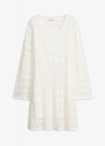 Sukienka szydełkowa z rozszerzanymi rękawami. Białe sukienki bonprix, bez wzorów, eleganckie, bez kołnierzyka, bez ramiączek. Za 79,99 zł.