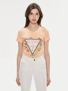 Guess T-Shirt W4GI24 J1314 Pomarańczowy Slim Fit. Brązowe t-shirty Guess, s, z aplikacjami, z bawełny, bez kołnierzyka, bez ramiączek. Za 219,99 zł.