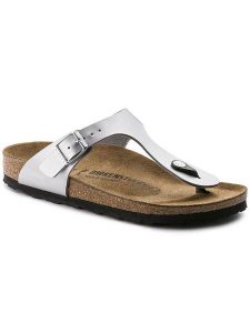 Birkenstock Japonki "Gizeh" w kolorze srebrnym rozmiar: 41. Szare klapki Birkenstock, bez wzorów, ze skóry, z otwartym noskiem, bez obcasa. Za 301,64 zł.