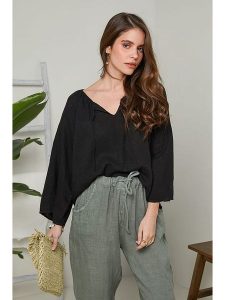 Rodier Lin Lniana bluzka w kolorze czarnym rozmiar: XL/XXL. Czarne bluzki Rodier Lin, xl, bez wzorów, ze lnu, bez kołnierzyka, bez ramiączek. Za 127,35 zł.