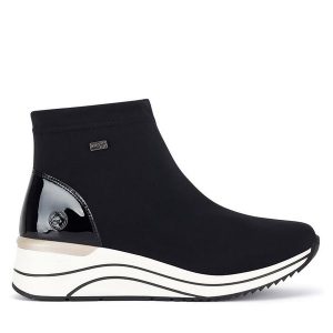 Botki Remonte. Czarne botki Remonte, bez wzorów, bez obcasa, na koturnie, bez zapięcia. Za 349,99 zł.