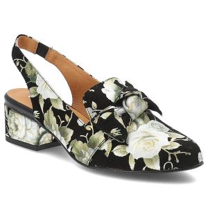 Czarne Sandały W Kwiaty Maciejka Eleganckie Obuwie Damskie. Czarne sandały Maciejka, w ażurowe wzory, z materiału, bez obcasa, na obcasie, bez zapięcia. Za 429,00 zł.