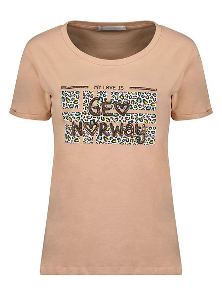 Geographical Norway Koszulka "Janimal" w kolorze beżowym rozmiar: M. Różowe bluzki Geographical Norway, m, bez wzorów, bez kołnierzyka, bez ramiączek. Za 32,67 zł.