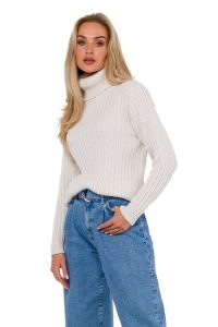 Sweter z Golfem o Prążkowanym Splocie - Kość słoniowa. Białe golfy MOE, bez wzorów, z materiału. Za 220,90 zł.