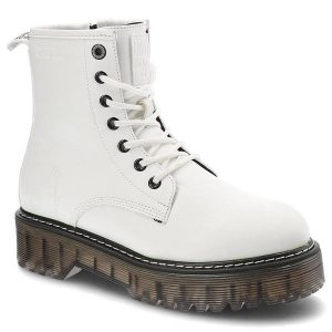 Glany damskie Big Star, cholewka ze skóry ekologicznej z wysoką formą i klasycznym sznurowaniem, KK274536,. Białe botki Big Star, ze skóry ekologicznej, bez obcasa, na płaskiej podeszwie, bez zapięcia. Za 229,99 zł.